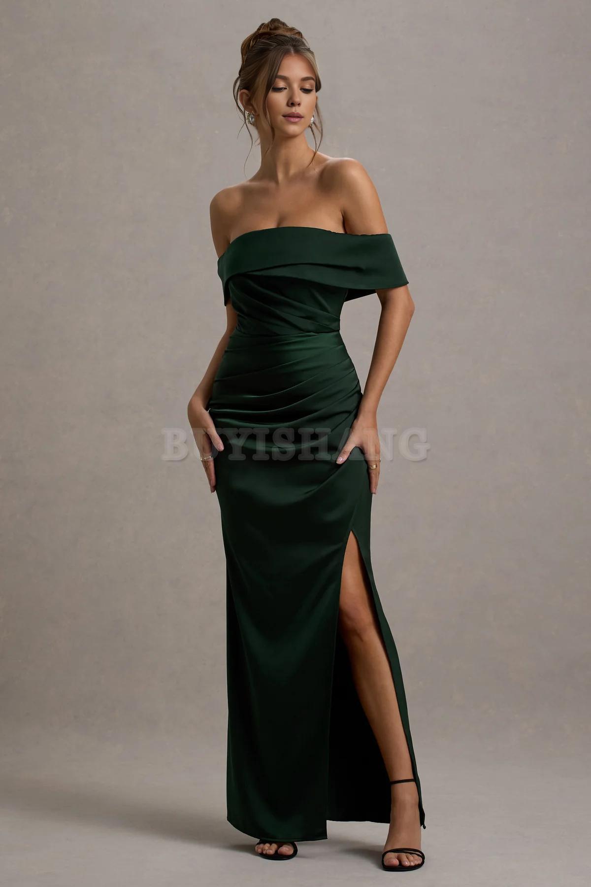 Buyishang Simple champagne colored satin Bardot pleated wrap dress bridesmaid dress
