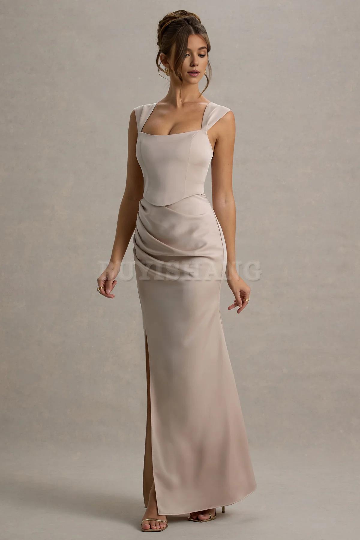 Buyishang Elegant double shoulder champagne satin tight corset wrapped in a long skirt that can be used as a bridesmaid dress
