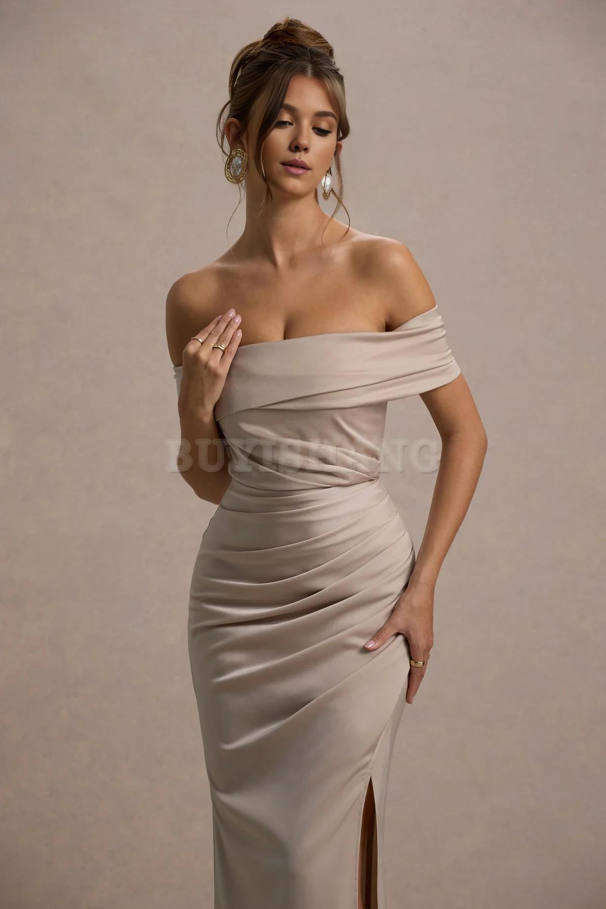 Buyishang Simple champagne colored satin Bardot pleated wrap dress bridesmaid dress