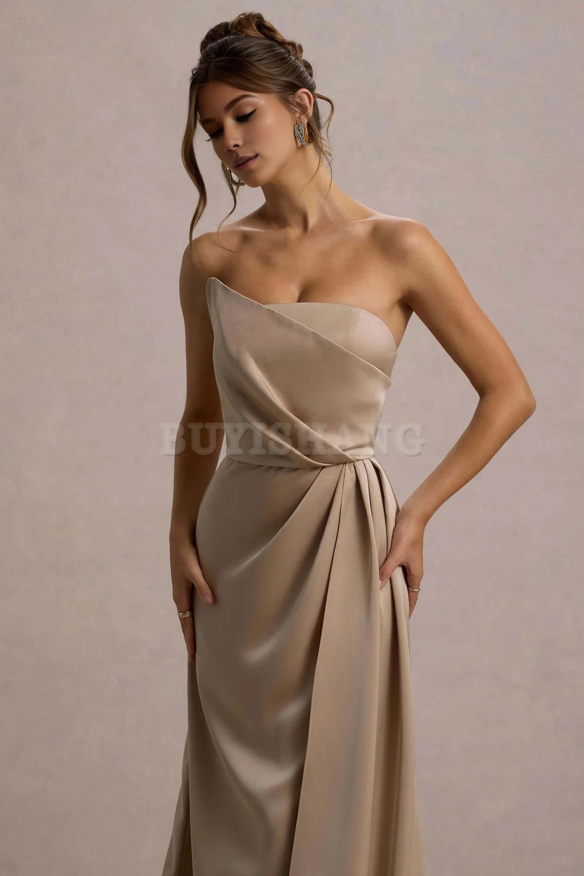 Buyishang Simple champagne strapless pleated long dress for bridesmaids