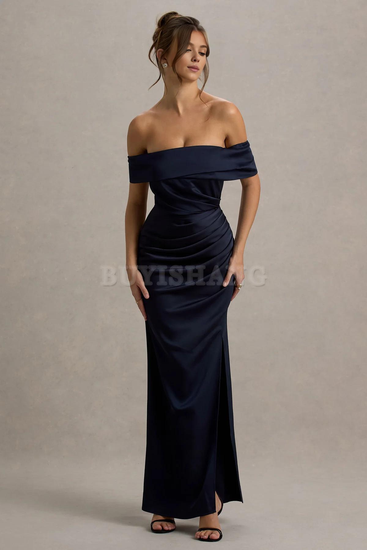 Buyishang Simple champagne colored satin Bardot pleated wrap dress bridesmaid dress