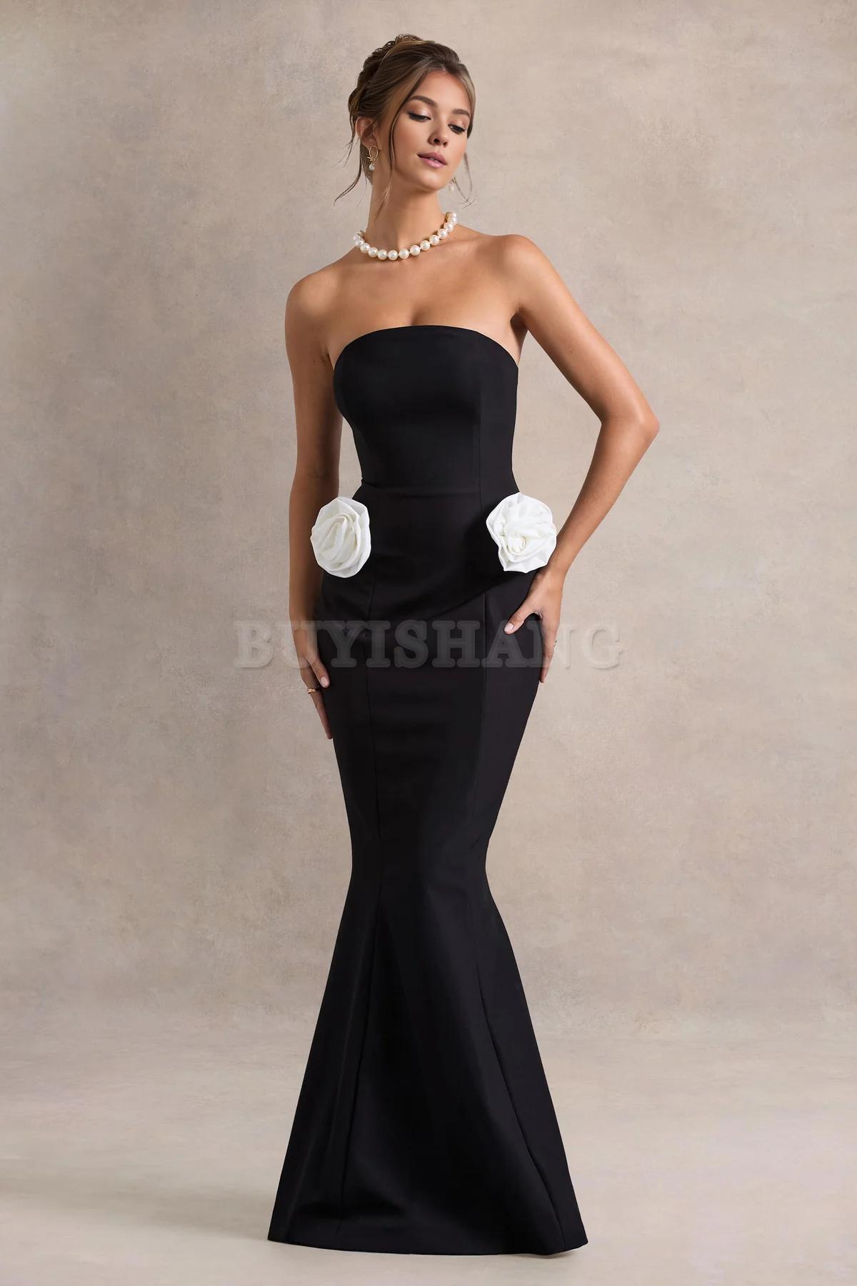 Buyishang Elegant black strapless fishtail dress with tight corset for a dance party stores with prom dresses