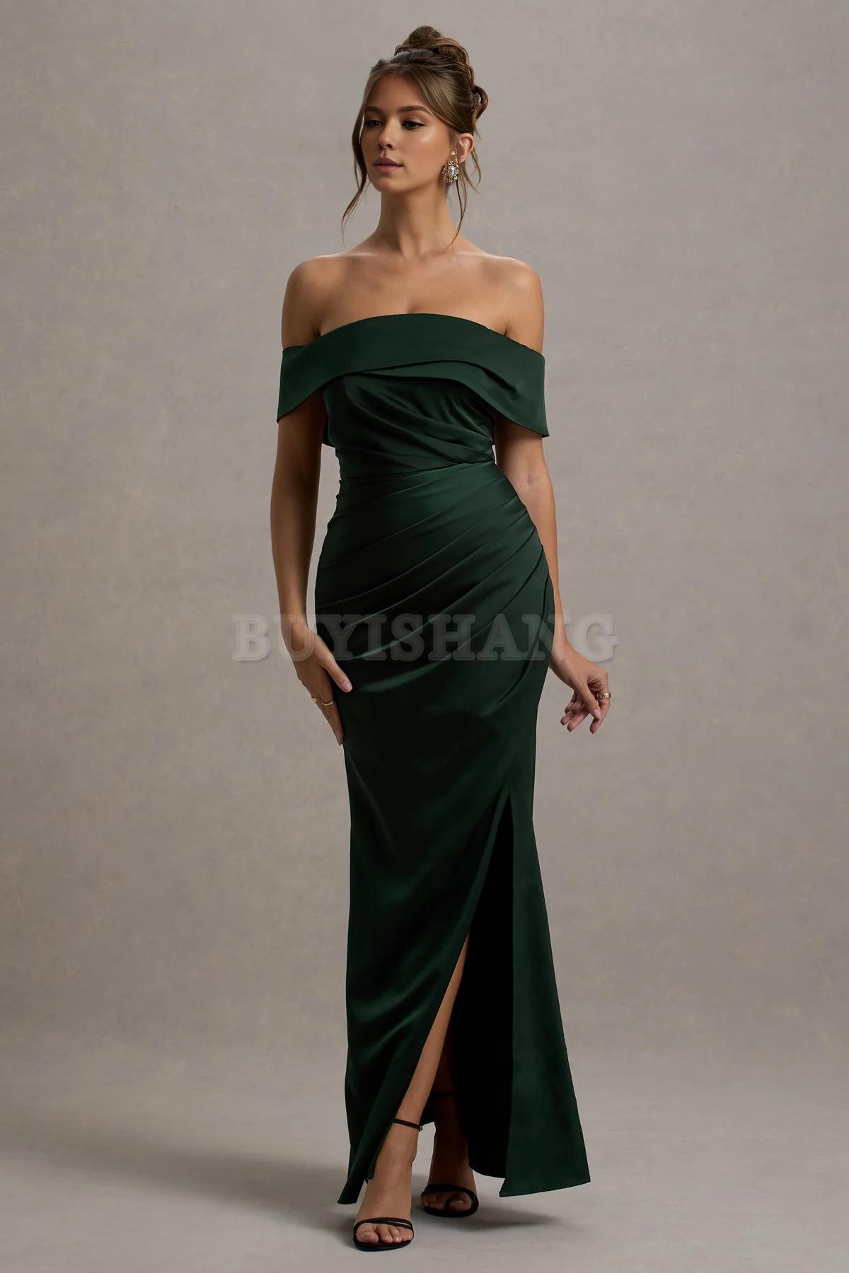 Buyishang Simple champagne colored satin Bardot pleated wrap dress bridesmaid dress
