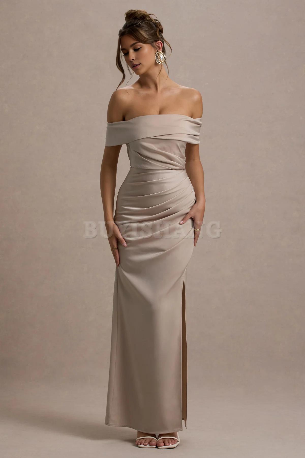 Buyishang Simple champagne colored satin Bardot pleated wrap dress bridesmaid dress