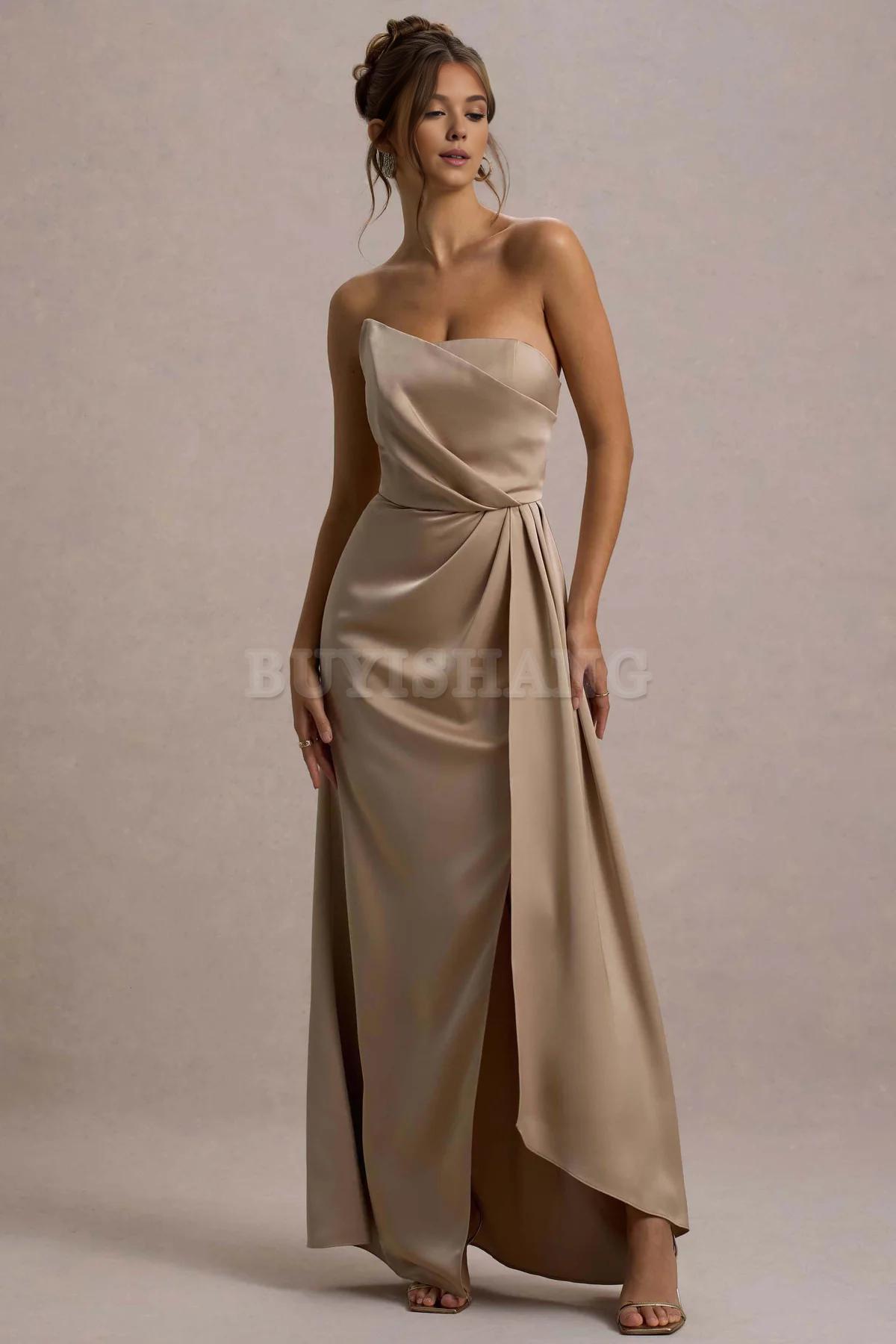 Buyishang Simple champagne strapless pleated long dress for bridesmaids