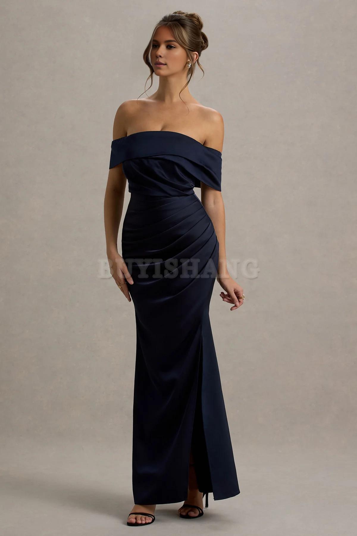 Buyishang Simple champagne colored satin Bardot pleated wrap dress bridesmaid dress