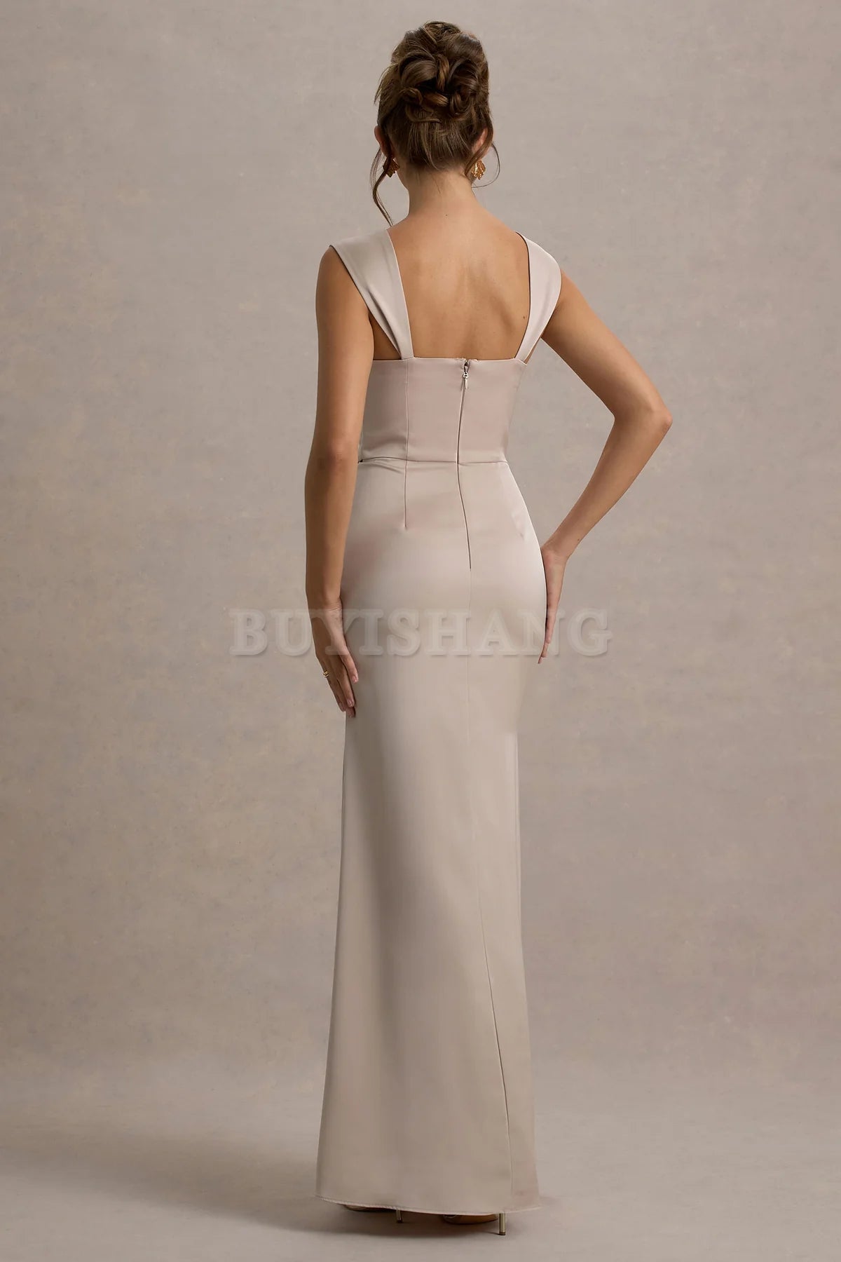 Buyishang Elegant double shoulder champagne satin tight corset wrapped in a long skirt that can be used as a bridesmaid dress