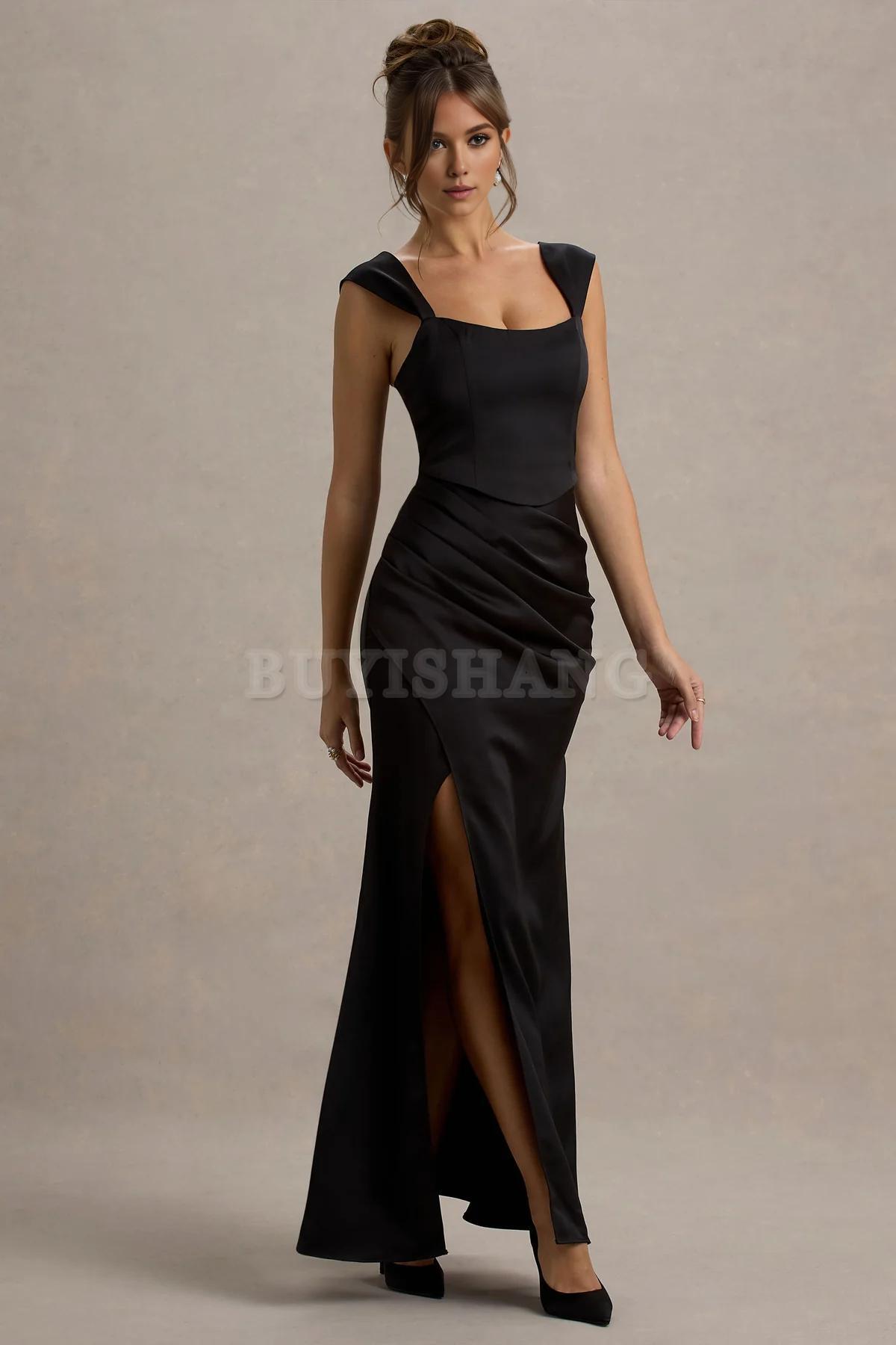 Buyishang Elegant double shoulder champagne satin tight corset wrapped in a long skirt that can be used as a bridesmaid dress