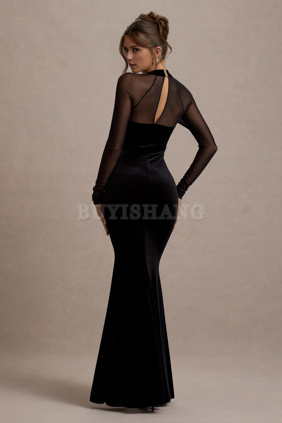 Buyishang Elegant black velvet tight slit long dress with transparent sleeves in stores with prom dresses