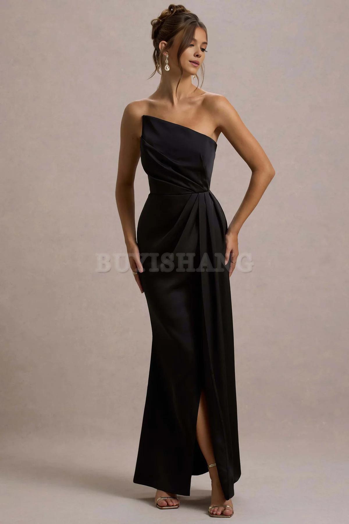 Buyishang Simple champagne strapless pleated long dress for bridesmaids