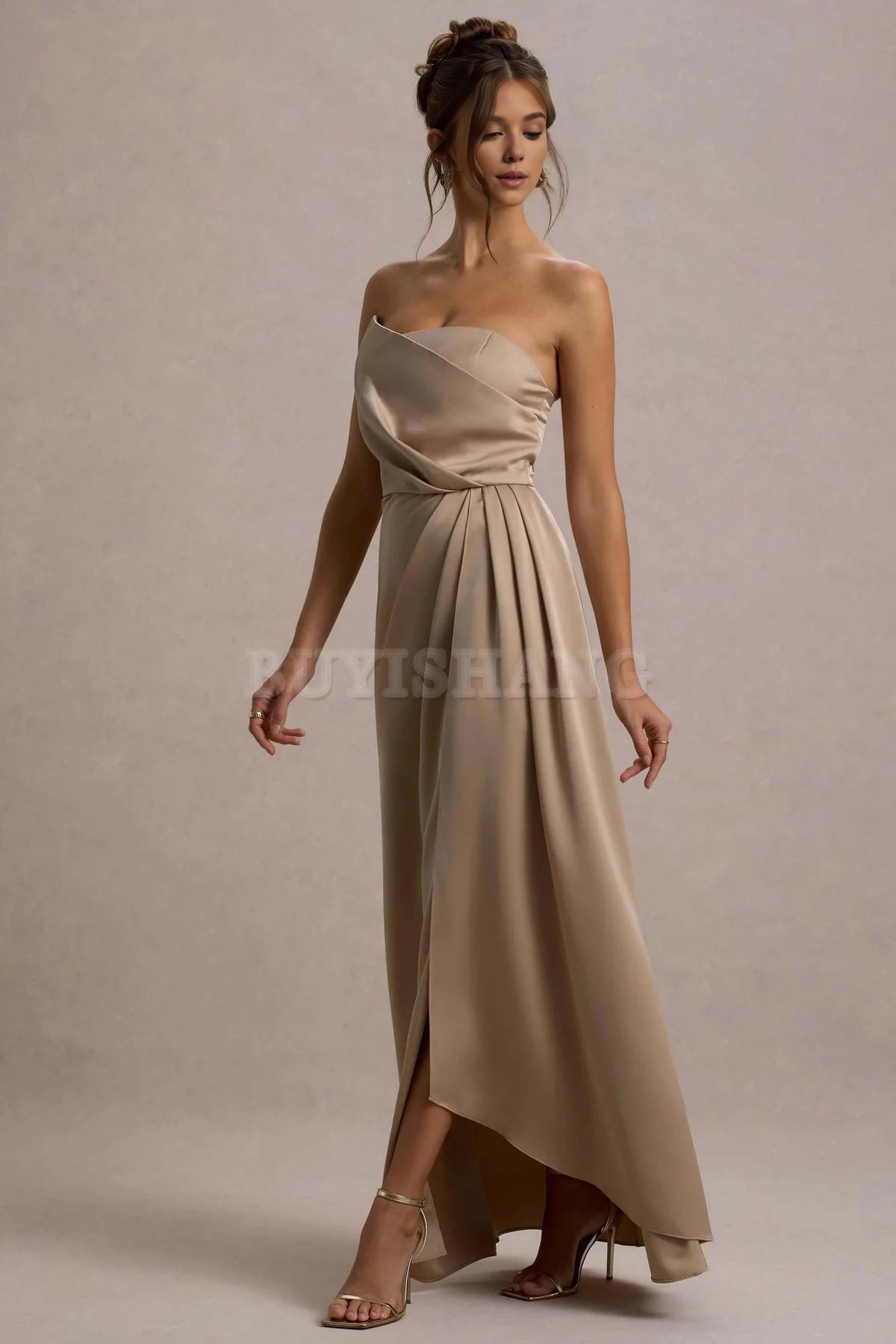 Buyishang Simple champagne strapless pleated long dress for bridesmaids
