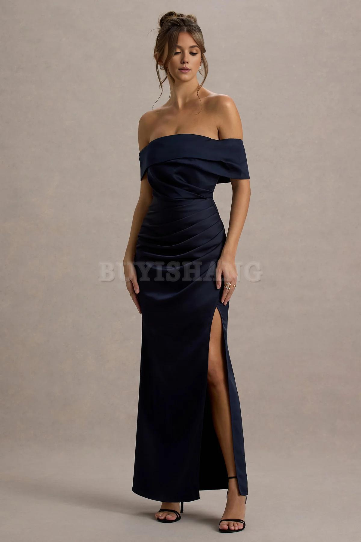 Buyishang Simple champagne colored satin Bardot pleated wrap dress bridesmaid dress