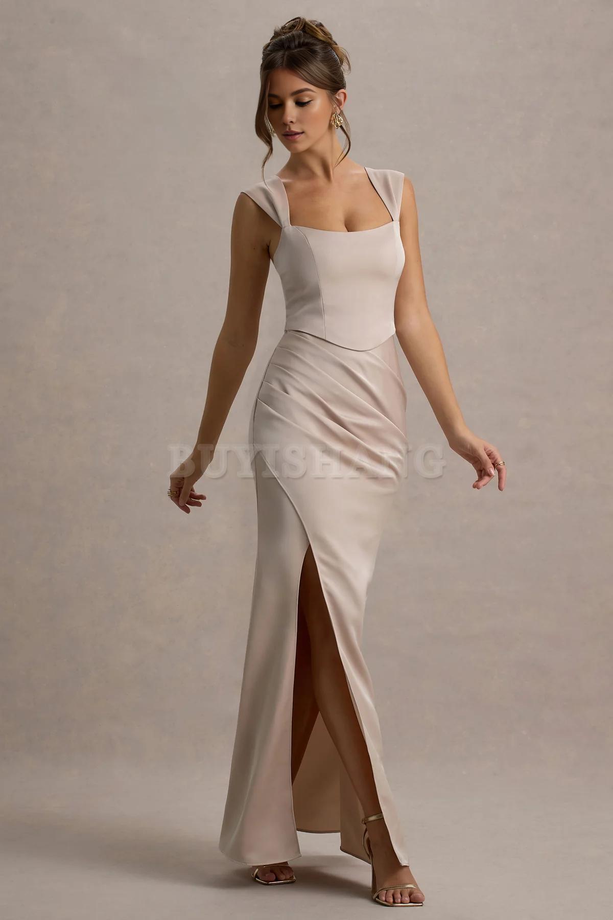 Buyishang Elegant double shoulder champagne satin tight corset wrapped in a long skirt that can be used as a bridesmaid dress