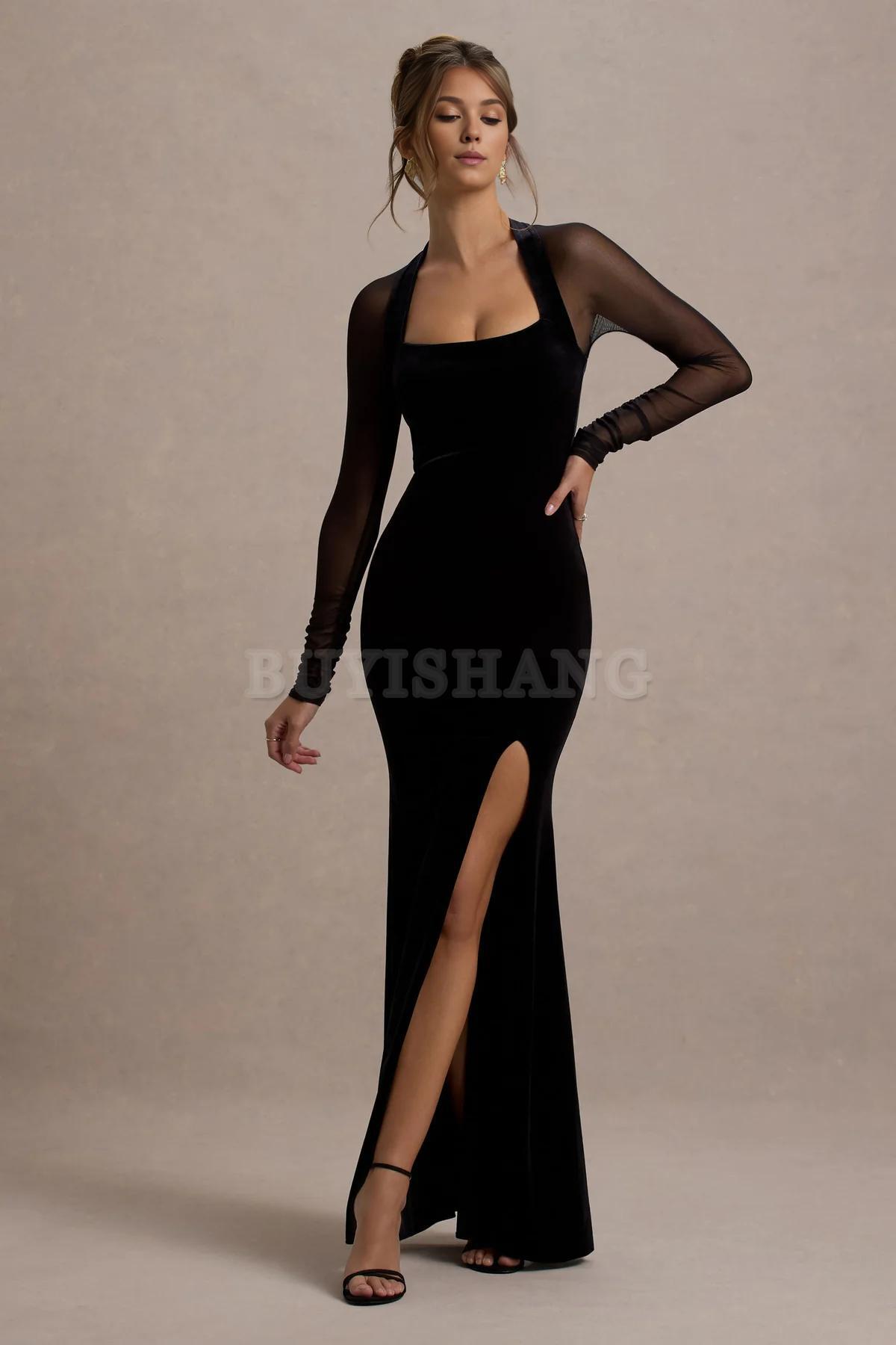 Buyishang Elegant black velvet tight slit long dress with transparent sleeves in stores with prom dresses