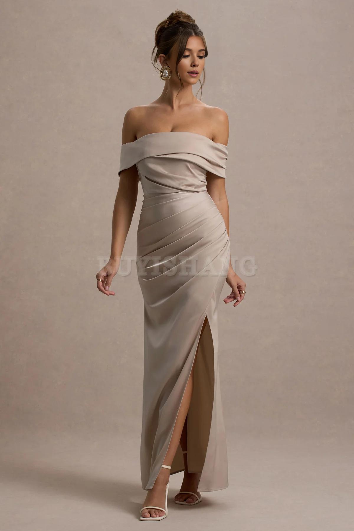 Buyishang Simple champagne colored satin Bardot pleated wrap dress bridesmaid dress