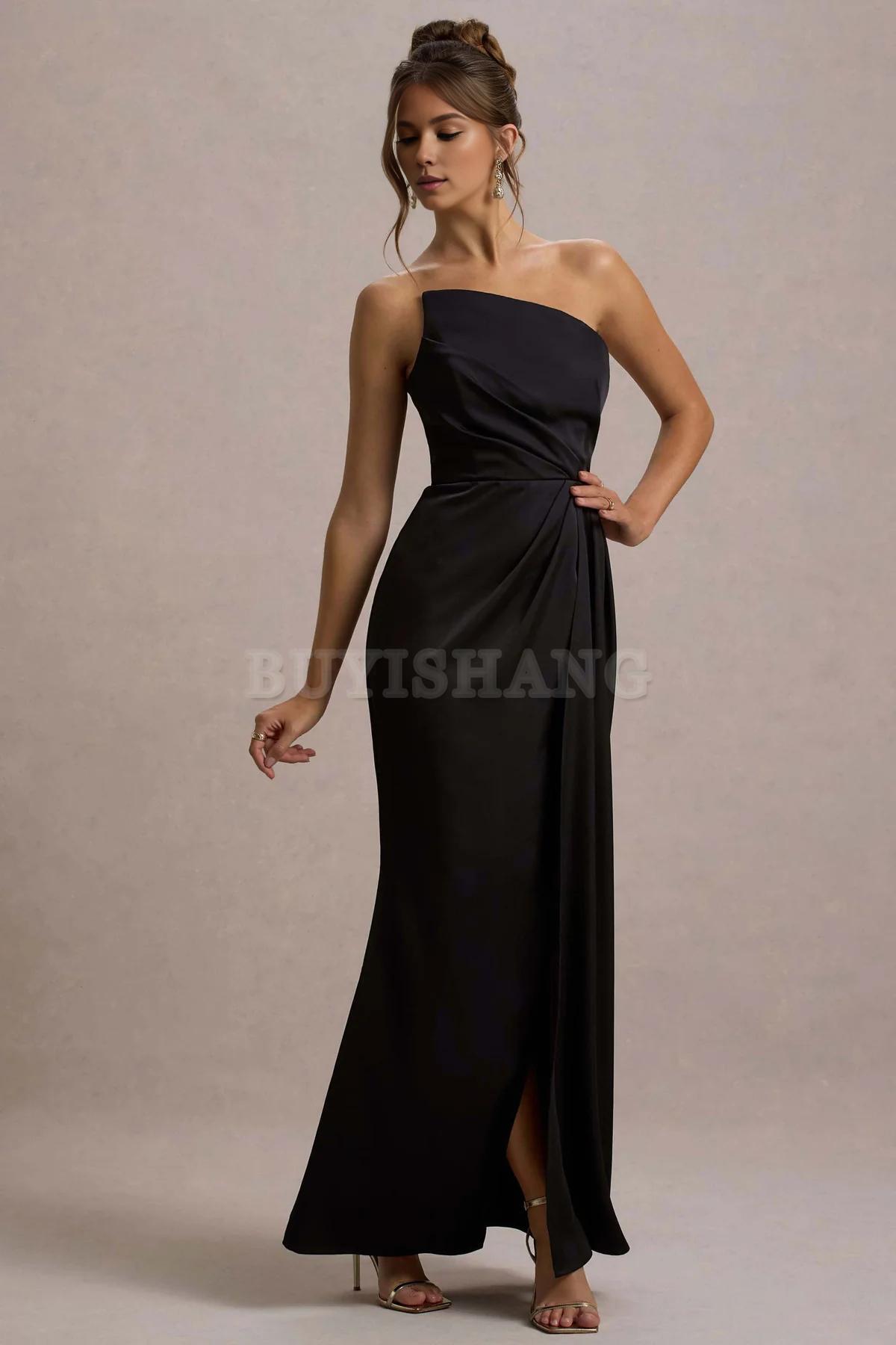 Buyishang Simple champagne strapless pleated long dress for bridesmaids