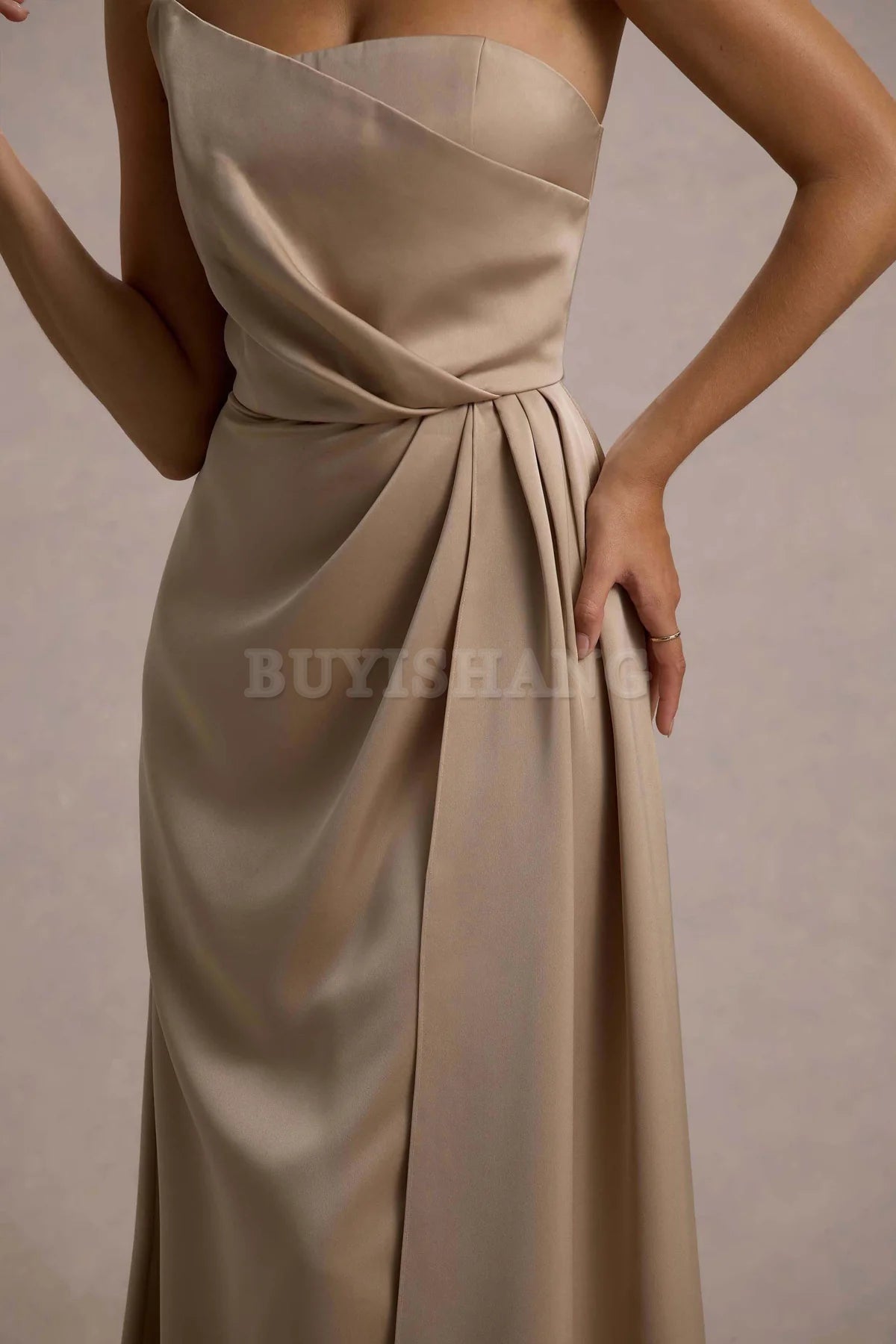 Buyishang Simple champagne strapless pleated long dress for bridesmaids