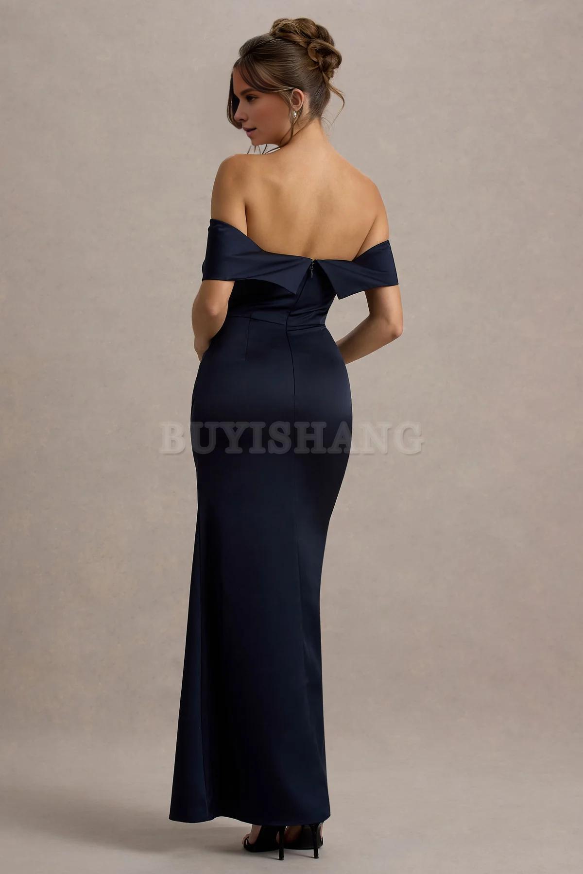 Buyishang Simple champagne colored satin Bardot pleated wrap dress bridesmaid dress