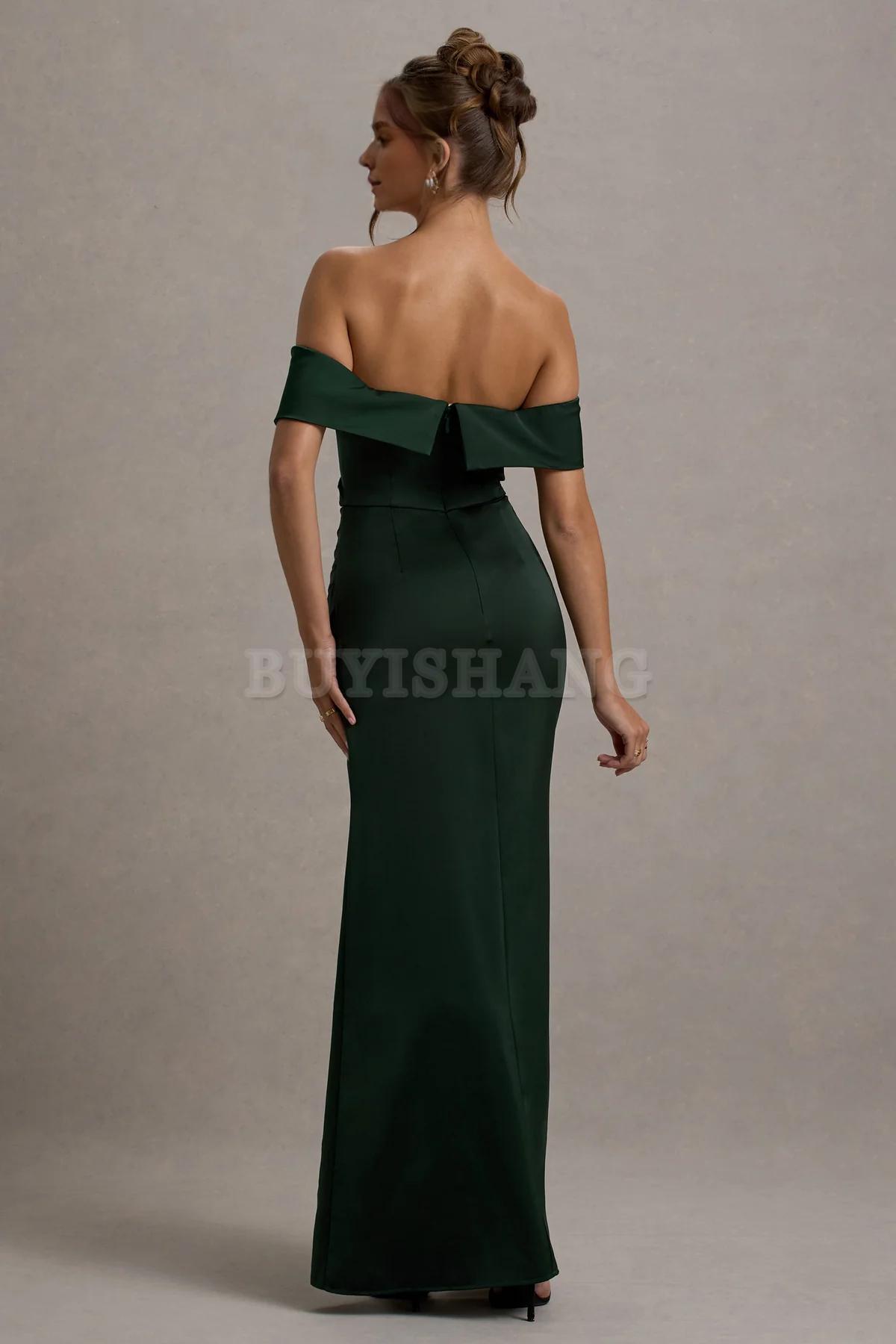 Buyishang Simple champagne colored satin Bardot pleated wrap dress bridesmaid dress
