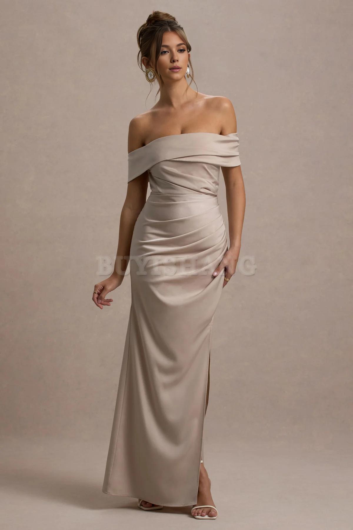 Buyishang Simple champagne colored satin Bardot pleated wrap dress bridesmaid dress