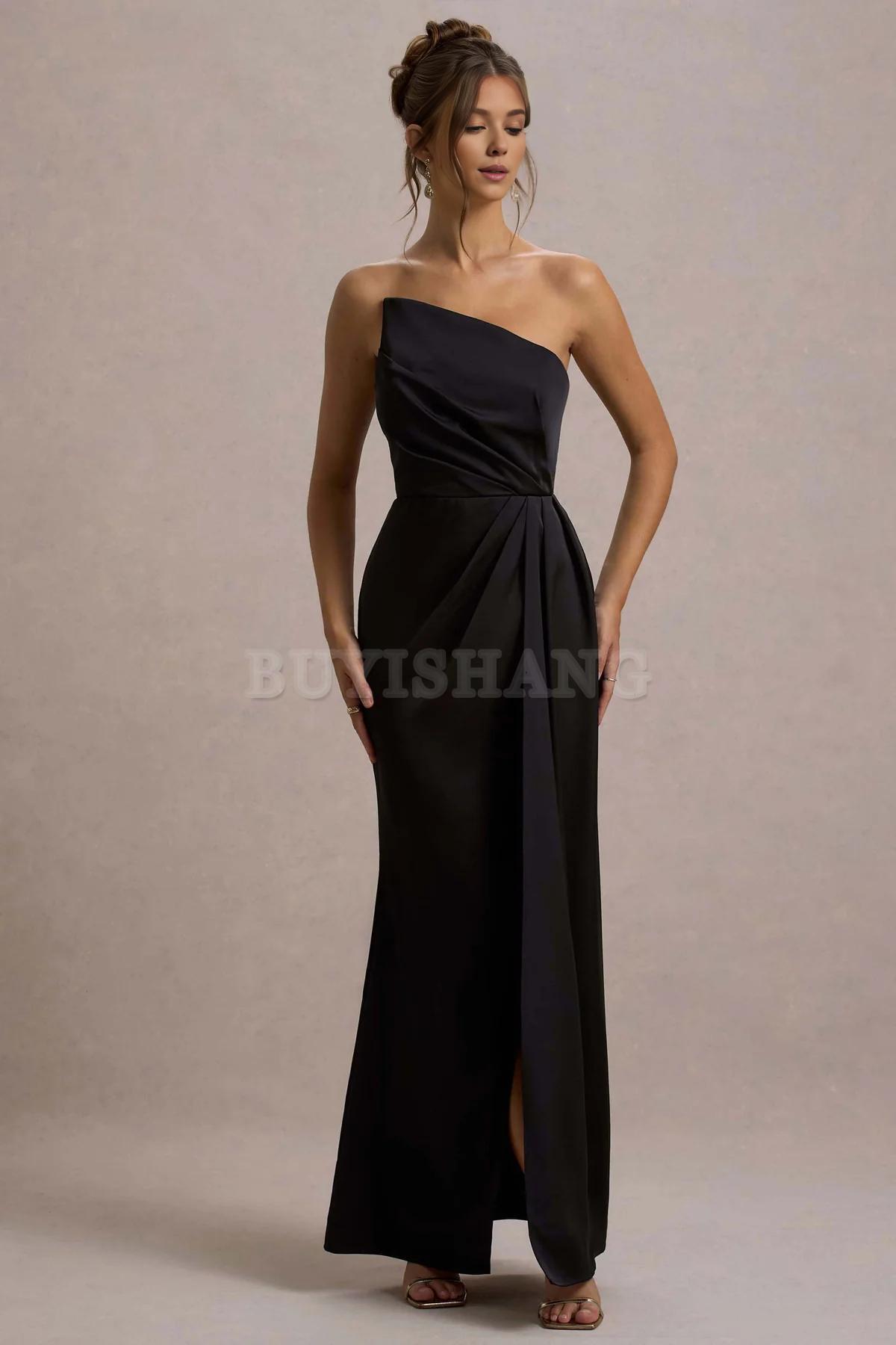 Buyishang Simple champagne strapless pleated long dress for bridesmaids