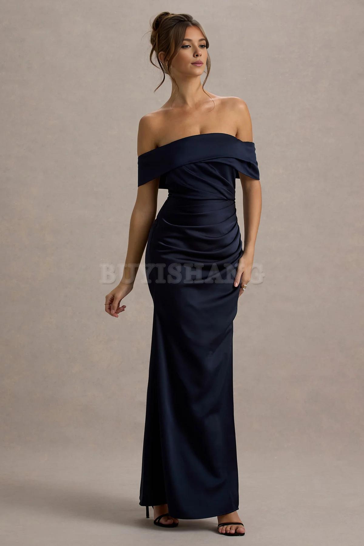 Buyishang Simple champagne colored satin Bardot pleated wrap dress bridesmaid dress