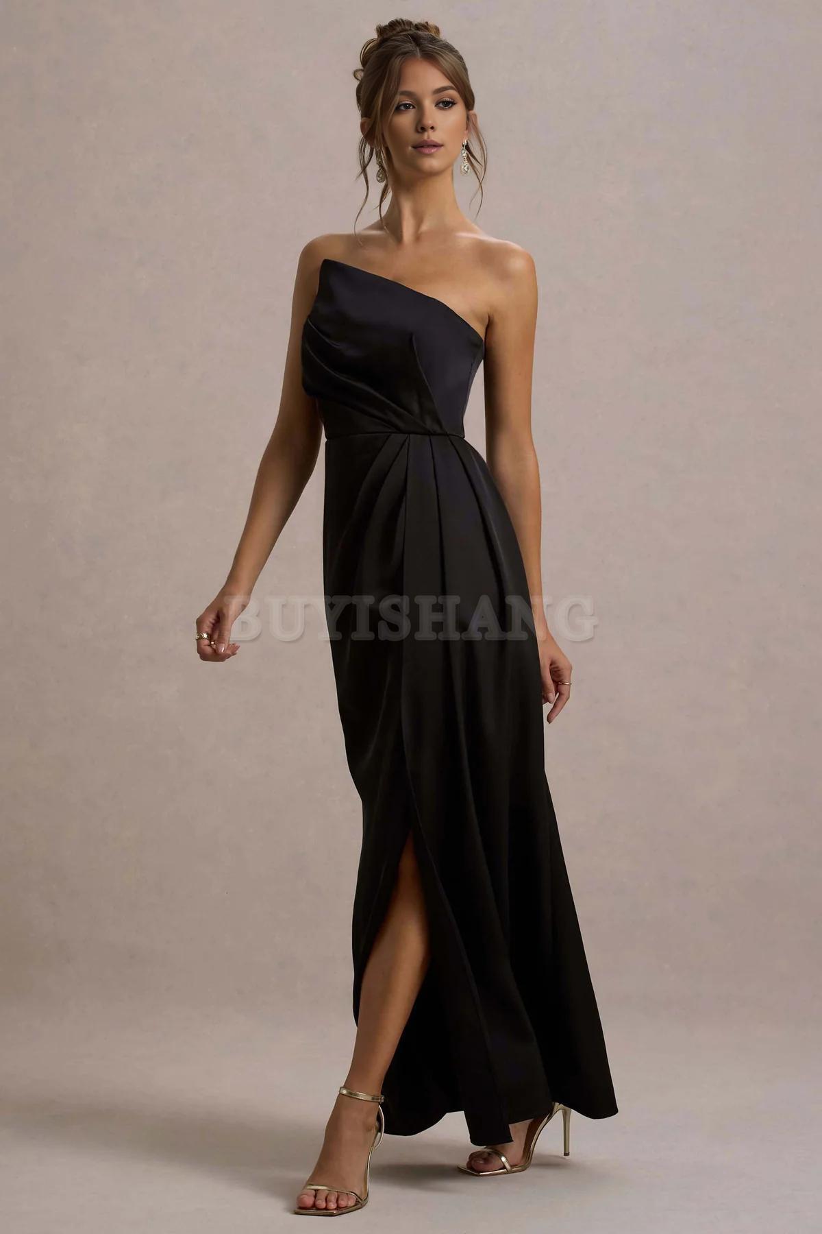 Buyishang Simple champagne strapless pleated long dress for bridesmaids