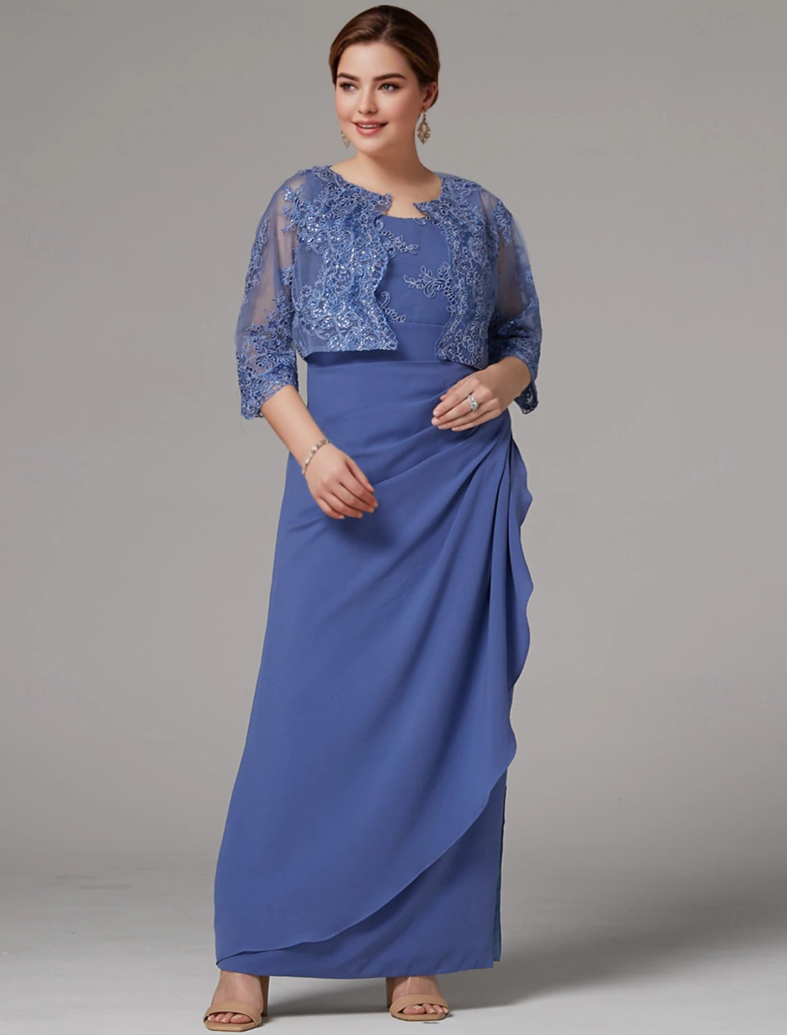 Buyishang Two Piece Sheath / Column Dress Mother of the Bride Dress Elegant Sparkle & Shine Jewel Neck Ankle Length Lace Stretch Fabric 3/4 Length Sleeve with Lace