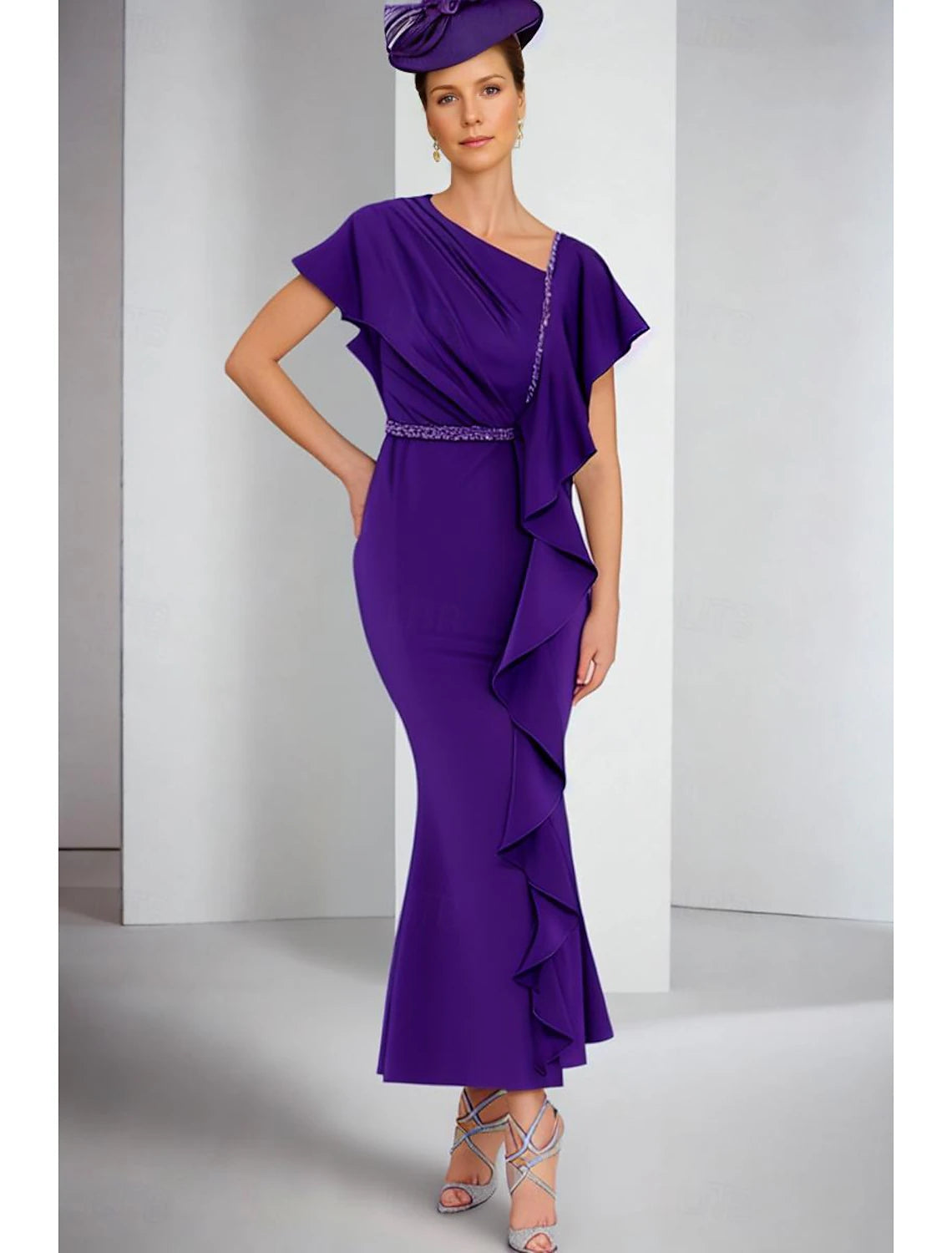 Buyishang Sheath / Column Mother of the Bride Dress Formal Elegant One Shoulder Ankle Length Stretch Fabric Short Sleeve with Pleats free custom size