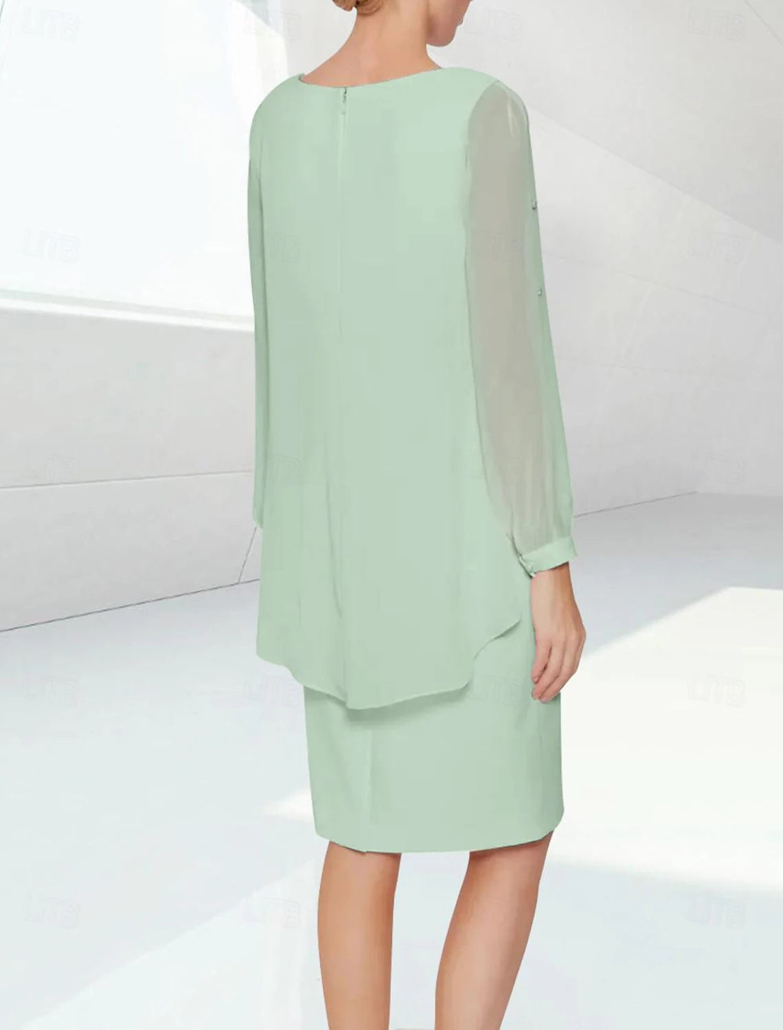 Buyishang Sheath / Column Mother of the Bride Dress Wedding Guest Elegant Jewel Neck Knee Length Chiffon Half Sleeve with Beading free custom size