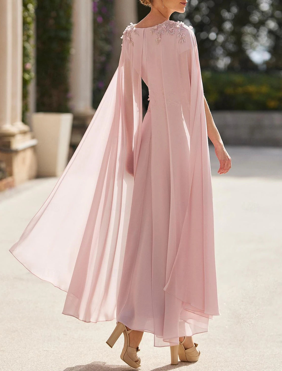 Buyishang A-Line Cocktail Dresses Elegant Dress Wedding Guest Engagement Ankle Length Long Sleeve V Neck Capes Chiffon with Appliques free custom size