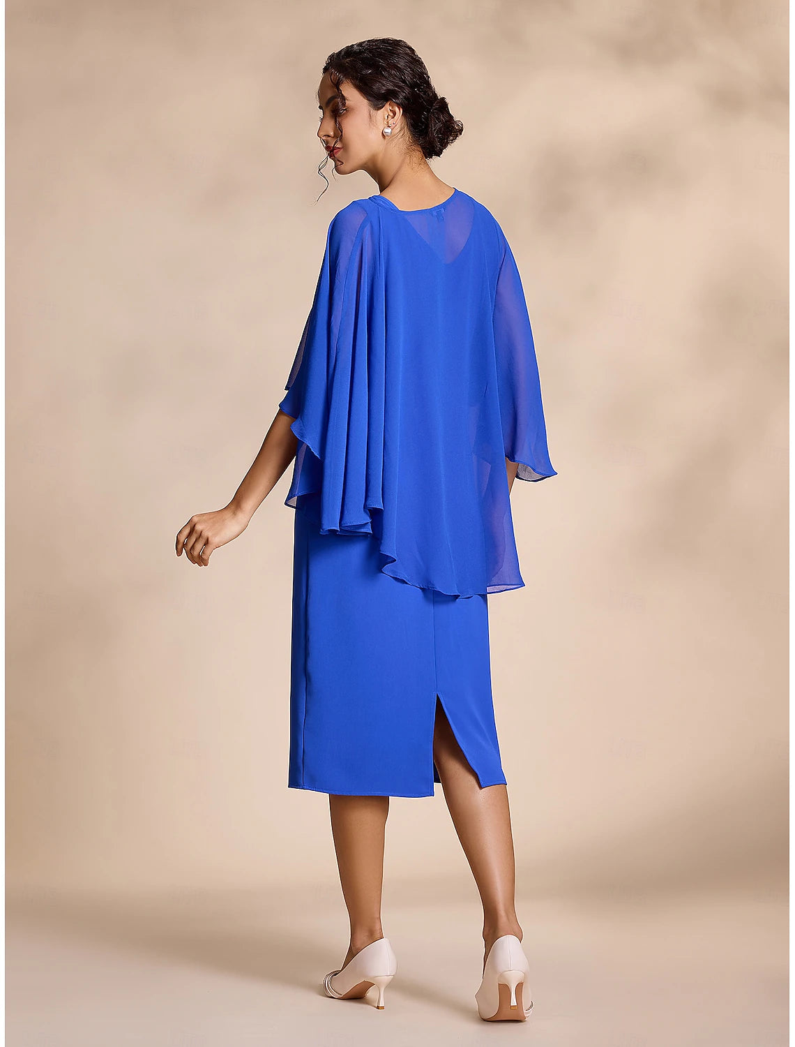 Buyishang Blue Chiffon Causal Round Sleeve 2 Piece Midi Mother of the Bride Dress dress to impress