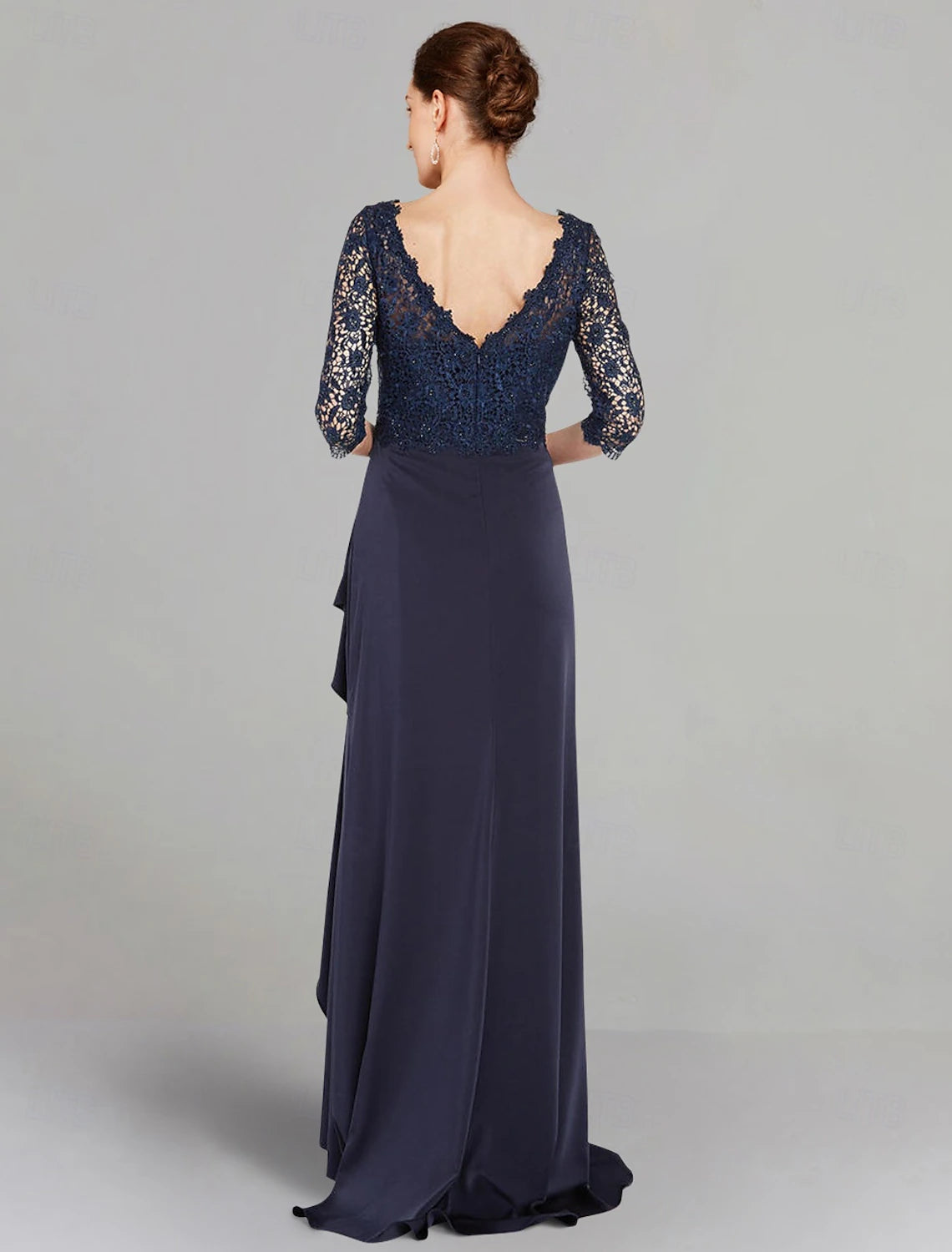 Buyishang A-Line Mother of the Bride Dress Elegant V Neck Floor Length Stretch Chiffon 3/4 Length Sleeve with Lace Pleats free custom size