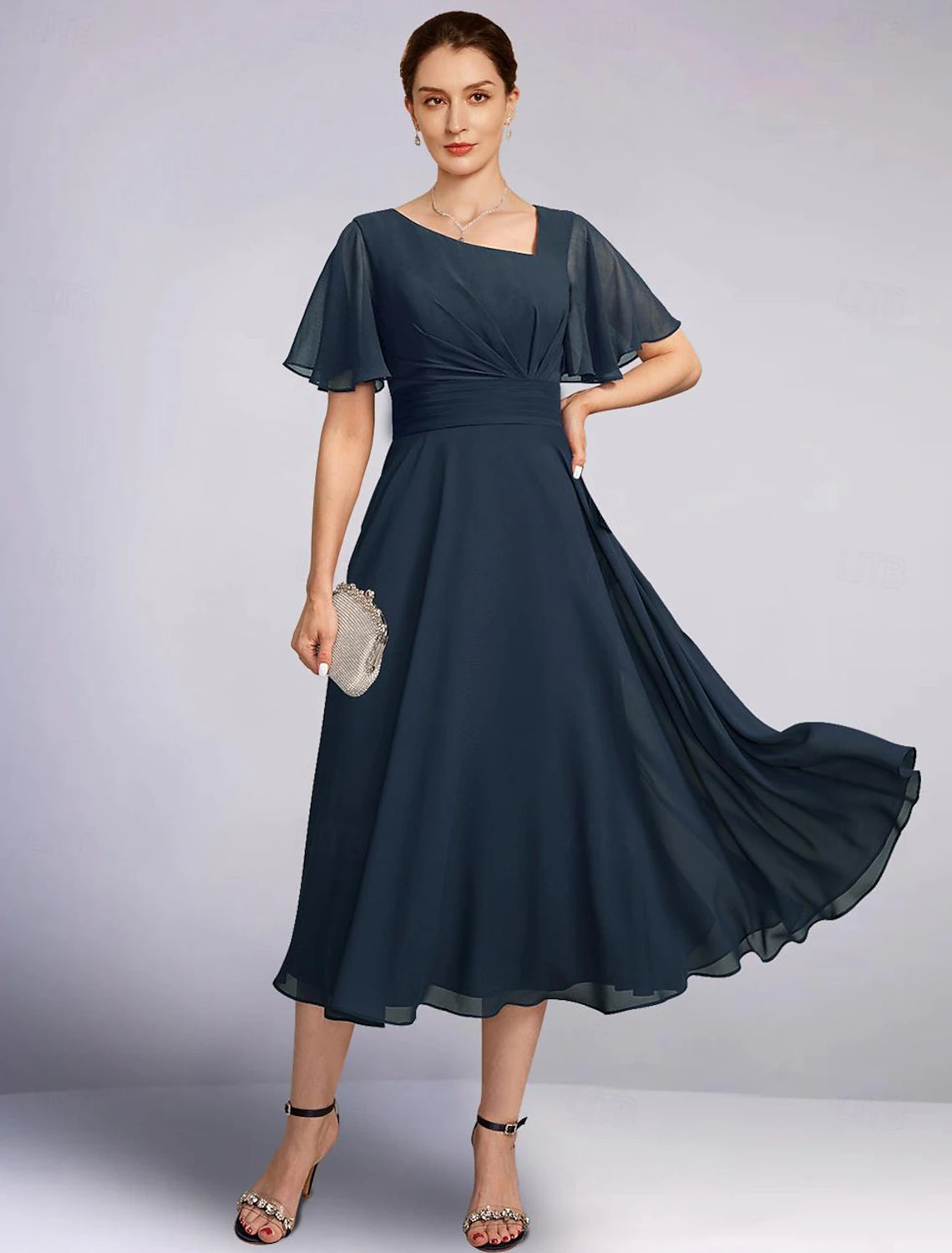 Buyishang A-Line Mother of the Bride Dress Elegant V Neck Tea Length Chiffon 3/4 Length Sleeve with Solid Color free custom size
