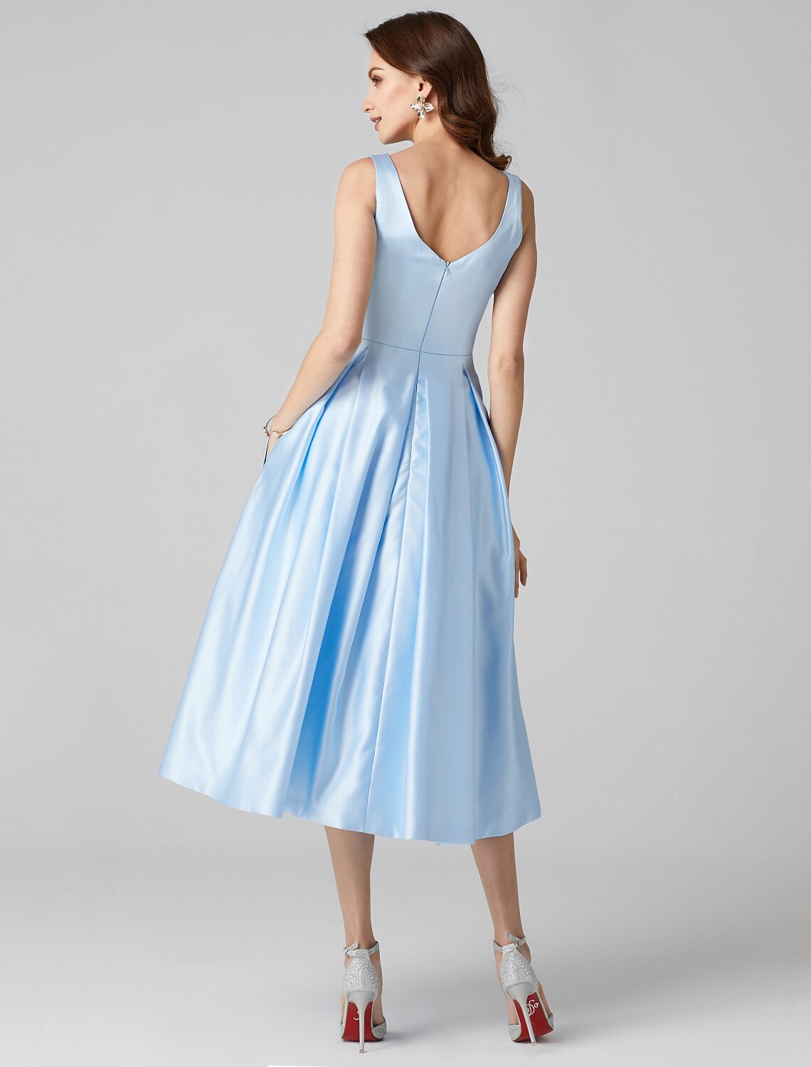 A-Line Cocktail Dresses Party Dress Formal Wedding Guest Tea Length Sleeveless Jewel Neck  Satin with Pleats Shouder Flower