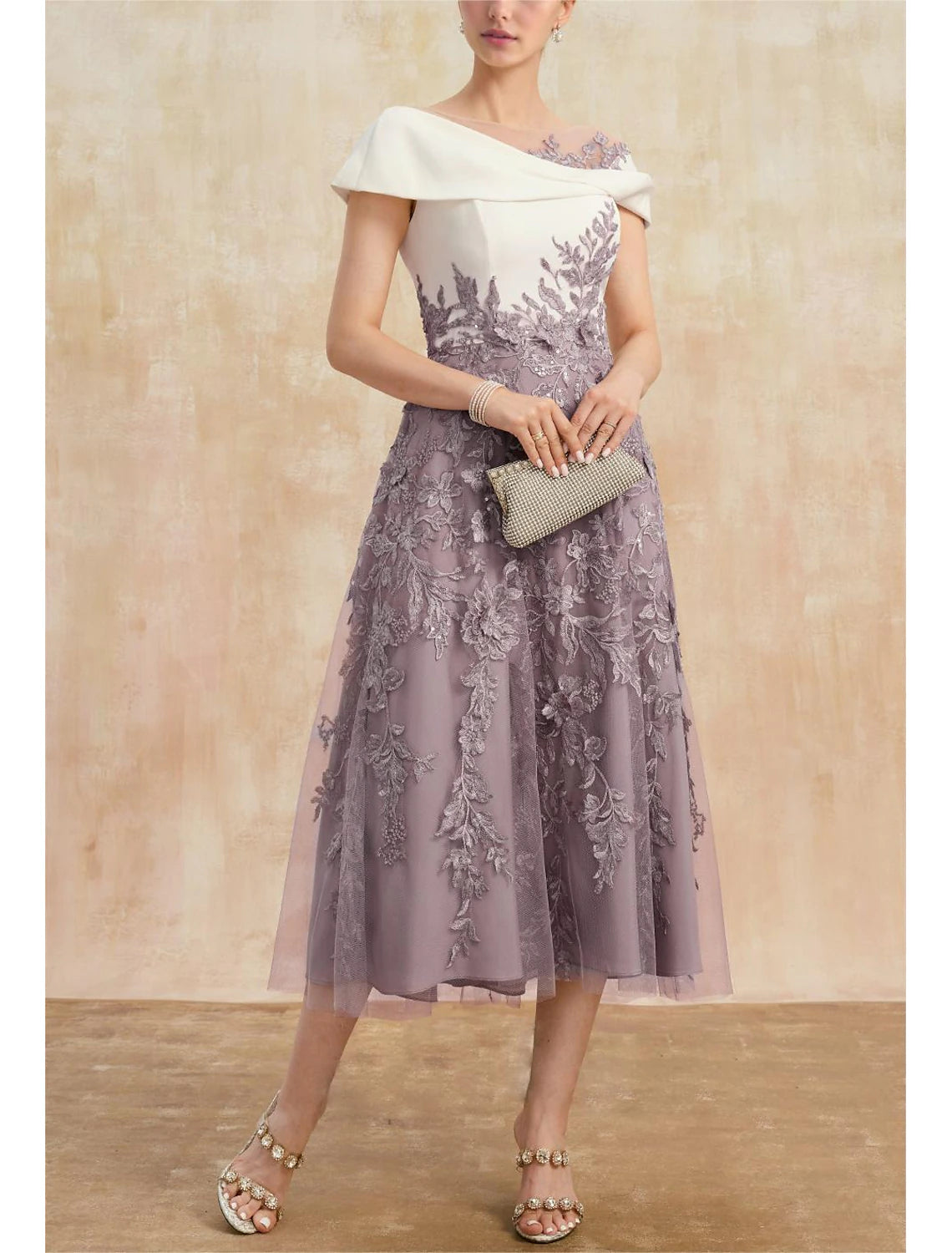 Buyishang A-Line Mother of the Bride Dress Elegant Vintage Party Cowl Neck Bateau Neck Illusion Neck Ankle Length Tea Length Lace Stretch Fabric Short Sleeve Cap Sleeve with Bow(s) Ruched Appliques