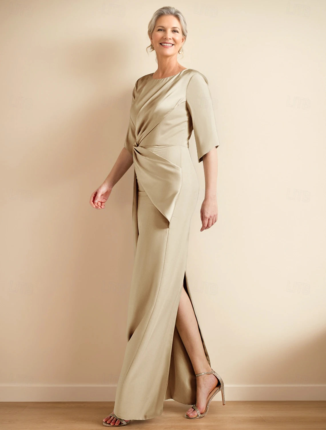 Buyishang Sheath / Column Dress Mother of the Bride Dress Elegant Jewel Neck Ankle Length Satin Half Sleeve with Ruched Solid Color free custom size