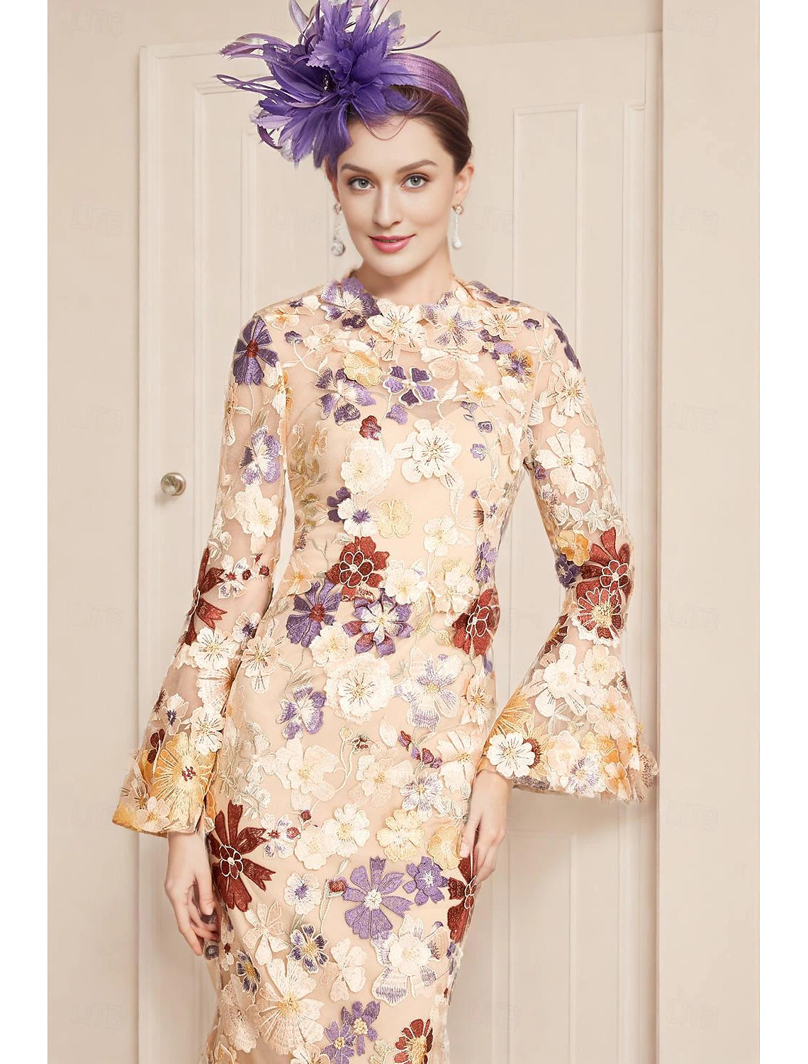 Buyishang Sheath Mother of the Bride Dress Formal Wedding Guest Elegant Off Shoulder Tea Length Lace 3/4 Length Sleeve with Lace free custom size