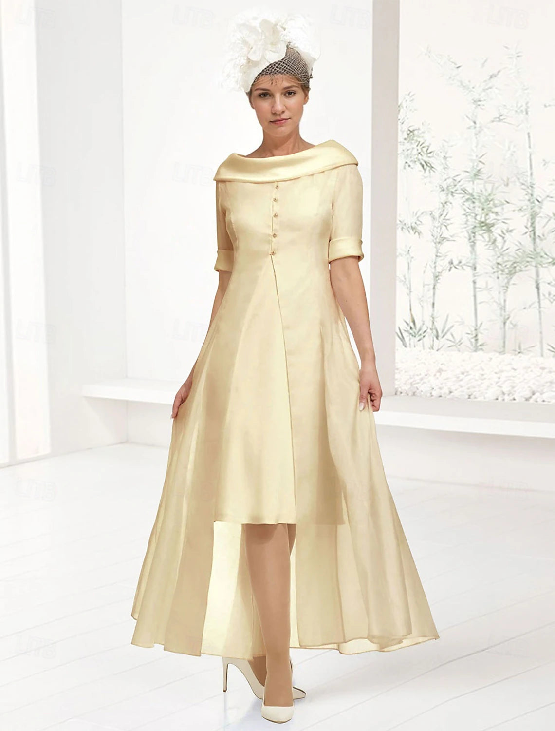 Buyishang Two Piece Sheath / Column Mother of the Bride Dress Elegant Off Shoulder Knee Length Chiffon Half Sleeve Wrap Included with Buttons Solid Color free custom size