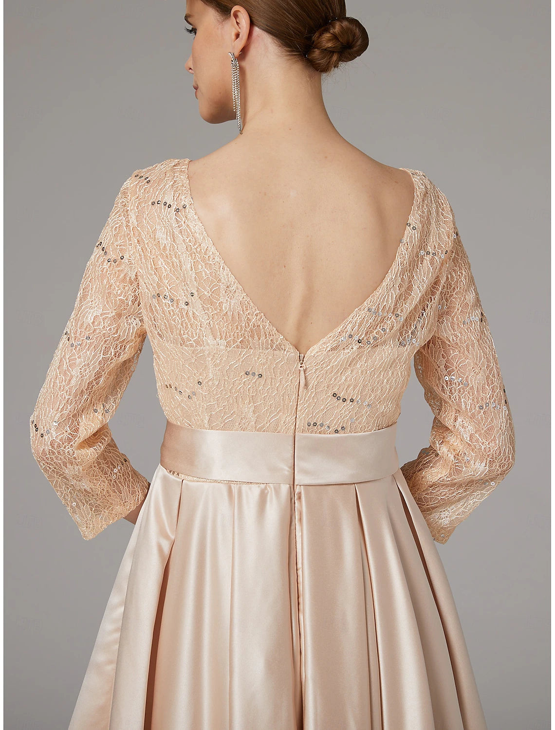 Buyishang A-Line Dress Mother of the Bride Dress Elegant Plus Size High Low Jewel Neck Asymmetrical Satin Lace 3/4 Length Sleeve with Sash / Ribbon Appliques