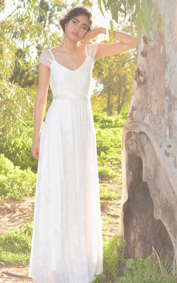 Buyishang V-Neck Cap Sleeve Long A-Line Chiffon Wedding Dress With Beading