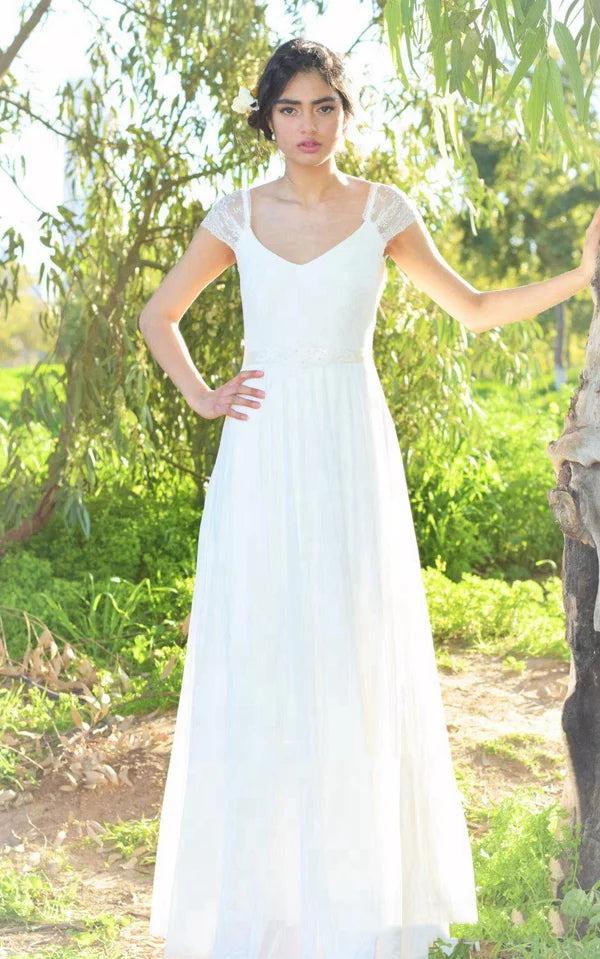 Buyishang V-Neck Cap Sleeve Long A-Line Chiffon Wedding Dress With Beading