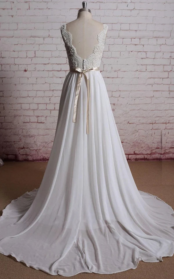 Buyishang V-Neck Long Chiffon Bridal Gown With Champagne Lining of the Bodice