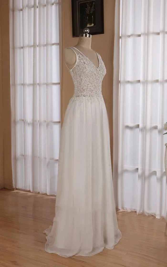 Buyishang V-Neck Sleeveless Backless Floor-Length Chiffon Wedding Dress With Sequins
