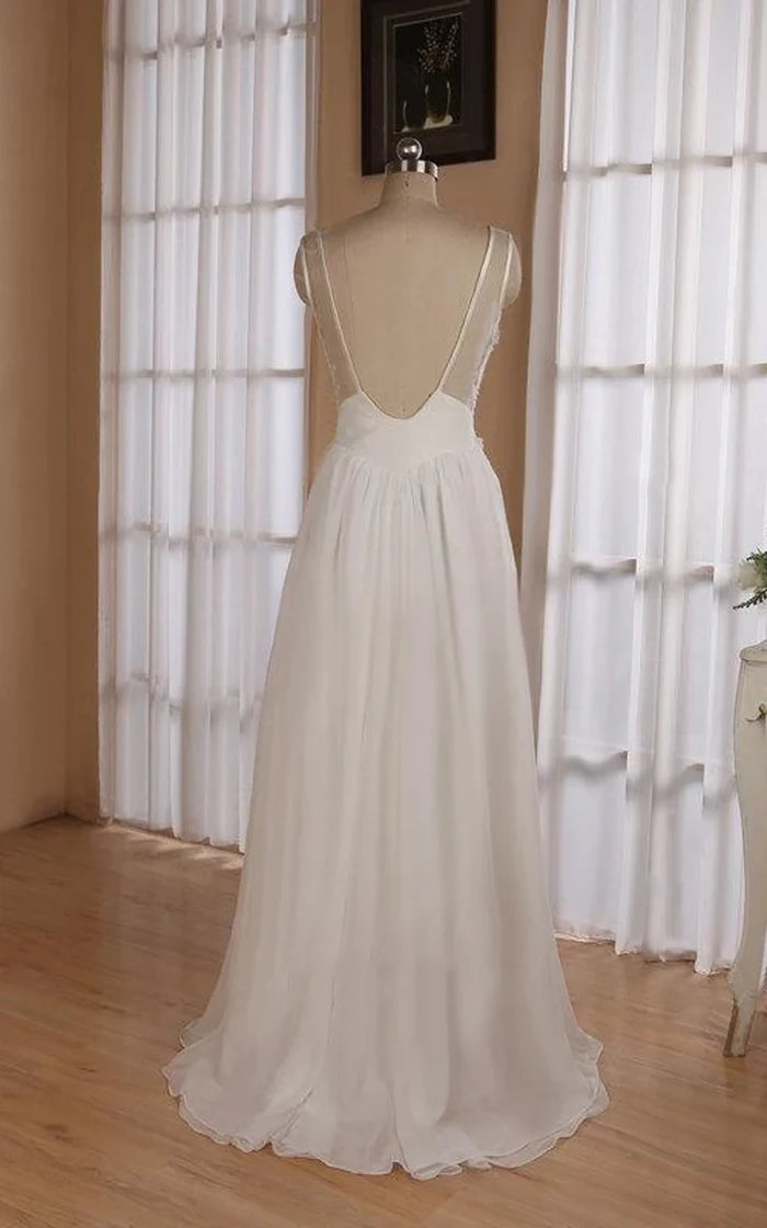Buyishang V-Neck Sleeveless Backless Floor-Length Chiffon Wedding Dress With Sequins