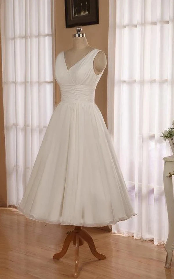 Buyishang V-Neck Sleeveless Tea-Length Chiffon Wedding Dress With Ruching And Low-V Back
