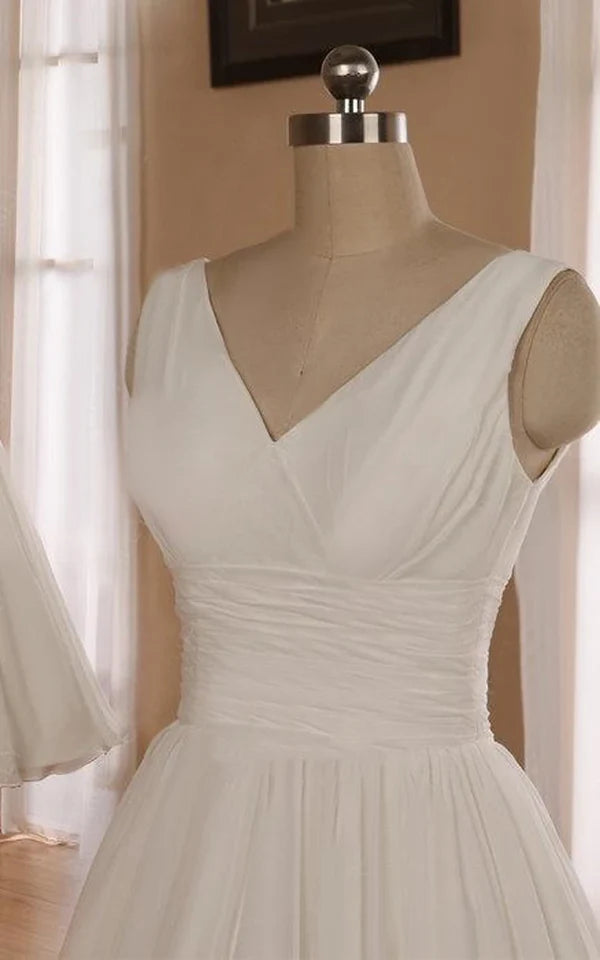 Buyishang V-Neck Sleeveless Tea-Length Chiffon Wedding Dress With Ruching And Low-V Back