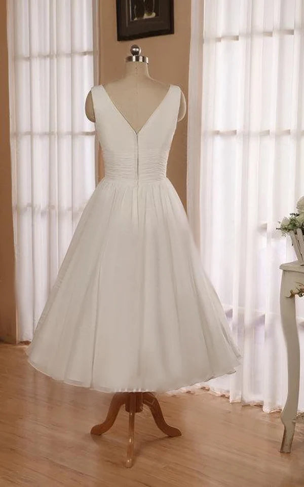 Buyishang V-Neck Sleeveless Tea-Length Chiffon Wedding Dress With Ruching And Low-V Back