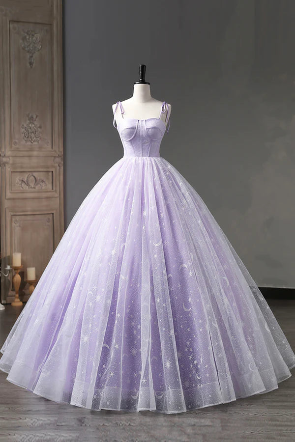 Lavender Tulle Straps Floor Length Evening Dress Lavender A-Line Prom Dress