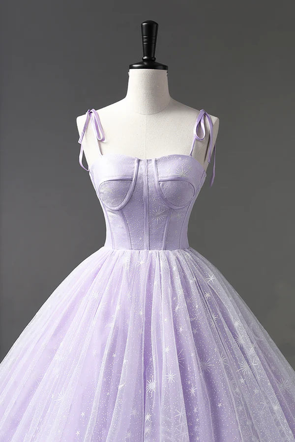 Lavender Tulle Straps Floor Length Evening Dress Lavender A-Line Prom Dress